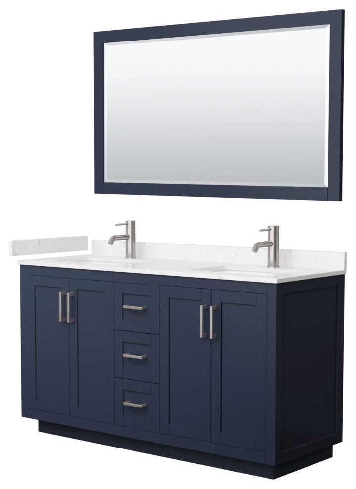 60"DBL Vanity Dark Blue, LV Carrara Cult. Top, Sinks, Nickel Trim, 58"Mirror