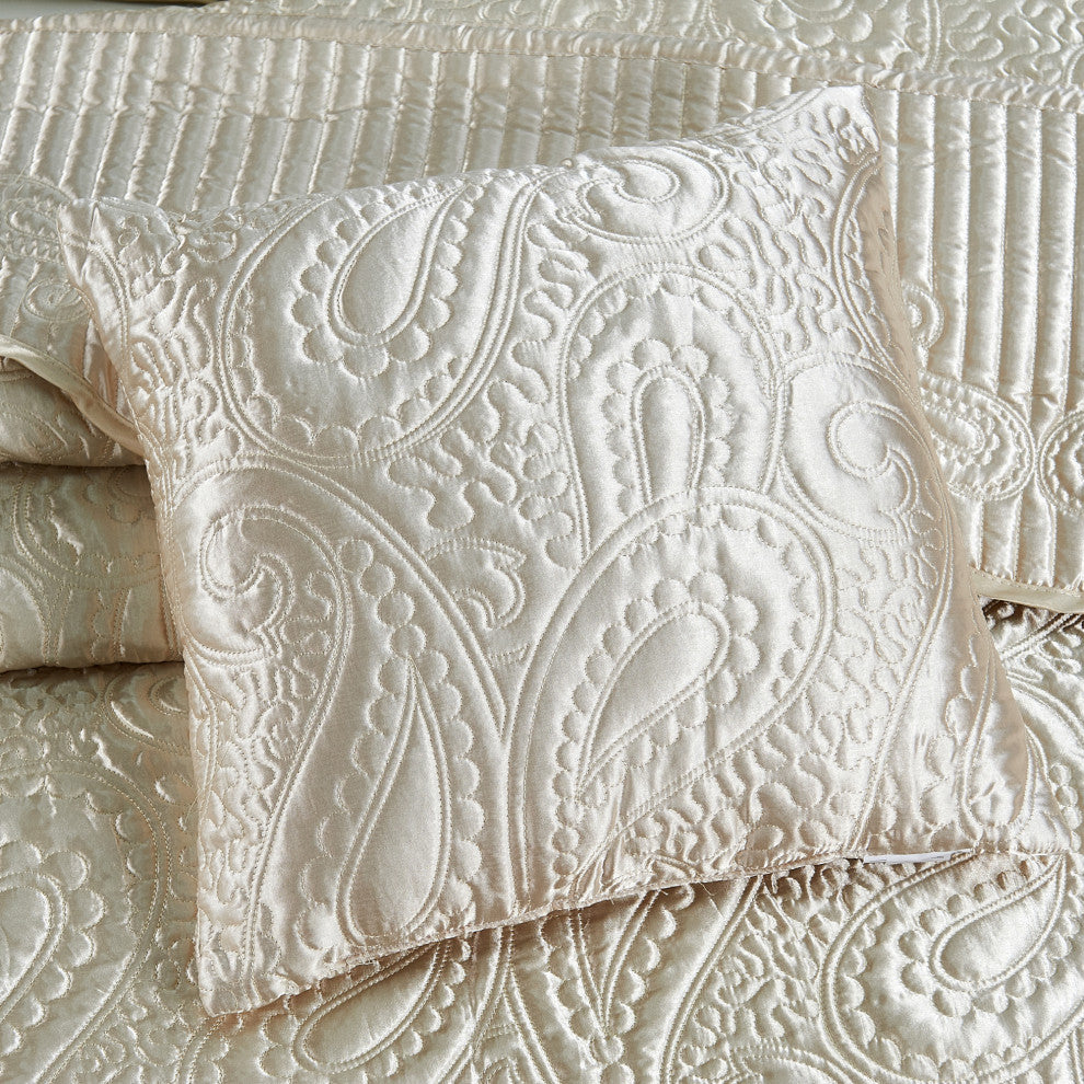 Quilted Satin 4 Piece Bed Spread Set, Champagne, Queen