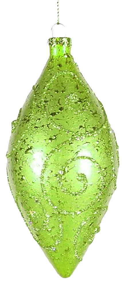 5" Green Teardrop Ornament With Olive Glitter