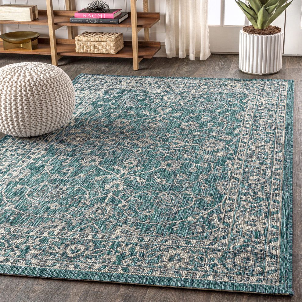 Palazzo Vine and Border Textured Weave Indoor and Outdoor Area Rug, Teal and Gra