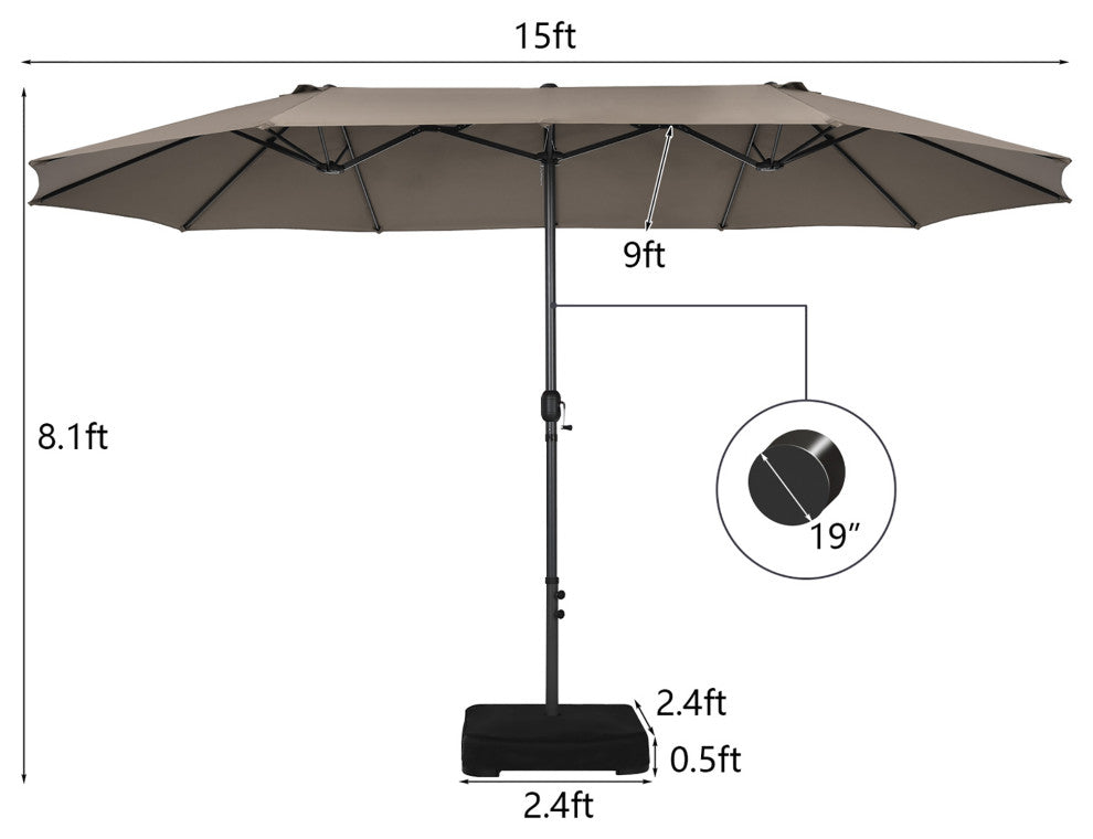 15FT Double-Sided Twin Patio Umbrella Sun Shade Outdoor Crank Market Base