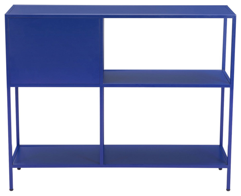 Bookcase Wall Shelf Rack, Steel Metal, Blue, Gold, Lounge Lobby Hospitality
