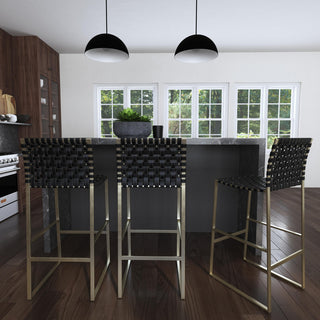 Urban Woven Genuine Leather Rectangular  28" Barstool, Black