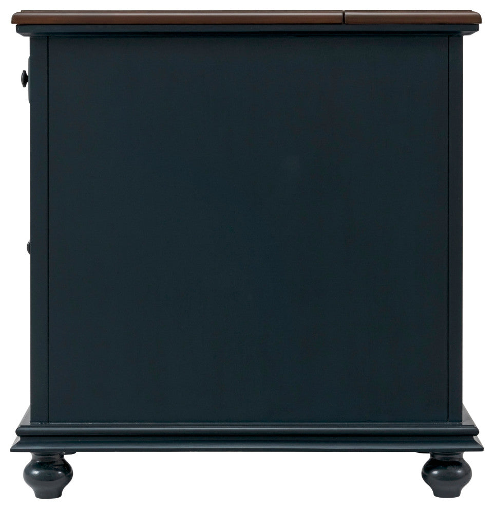 Elegant Chairside Table with Charging Station, Catalina Blue With Walnut Top