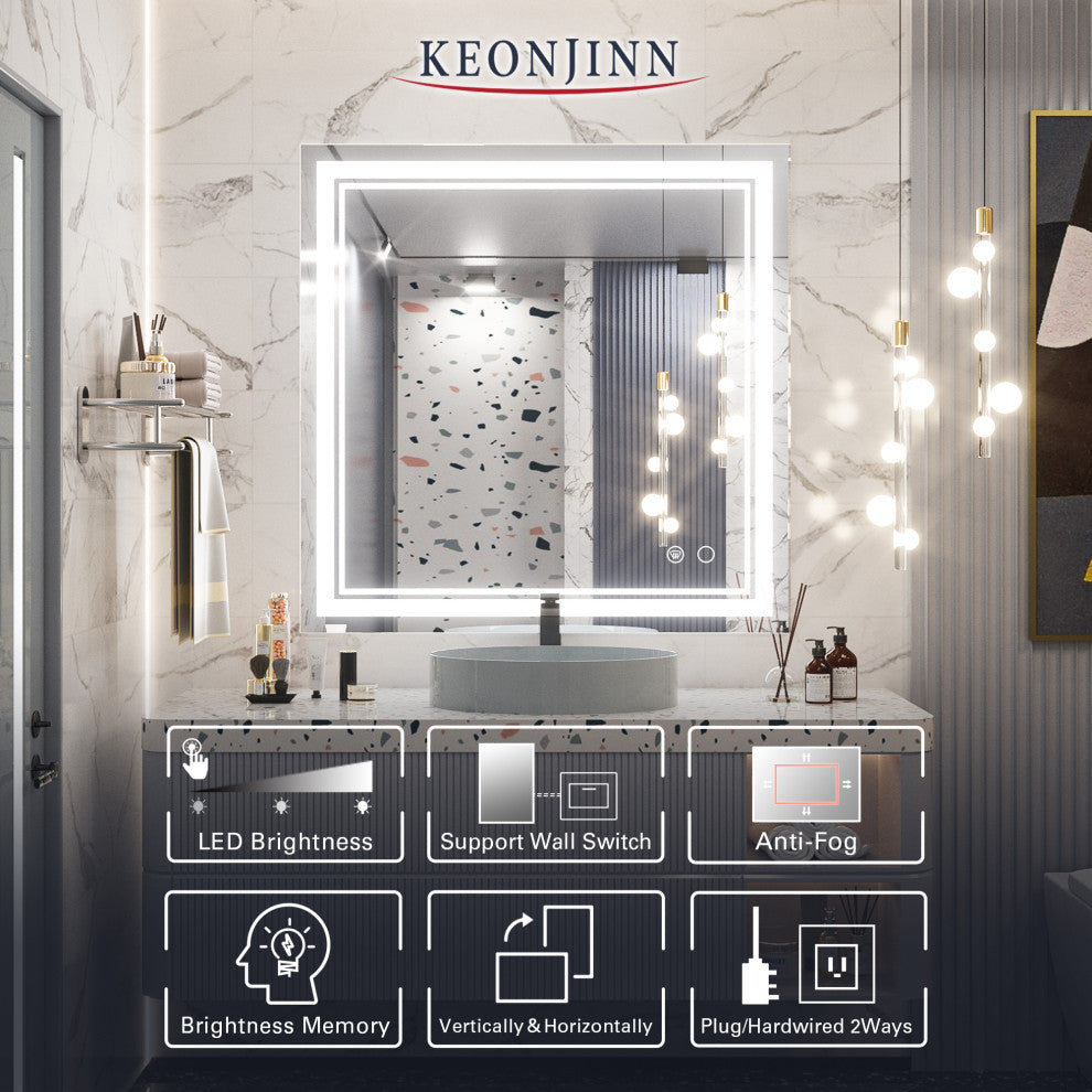 LED Bathroom Mirror, Anti-Fog Memory Dimmable IP54 Waterproof, 36"x36"