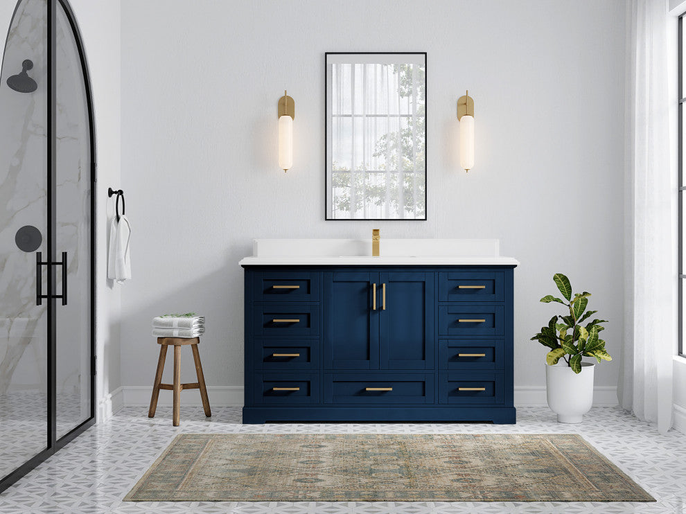 Boston 60 Single Bathroom Vanity in Navy Blue 1.5" White Quartz