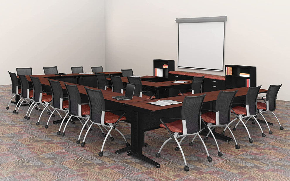 Transitional Desk with C-Shaped Metal Legs and Hidden Wire Management, Cherry