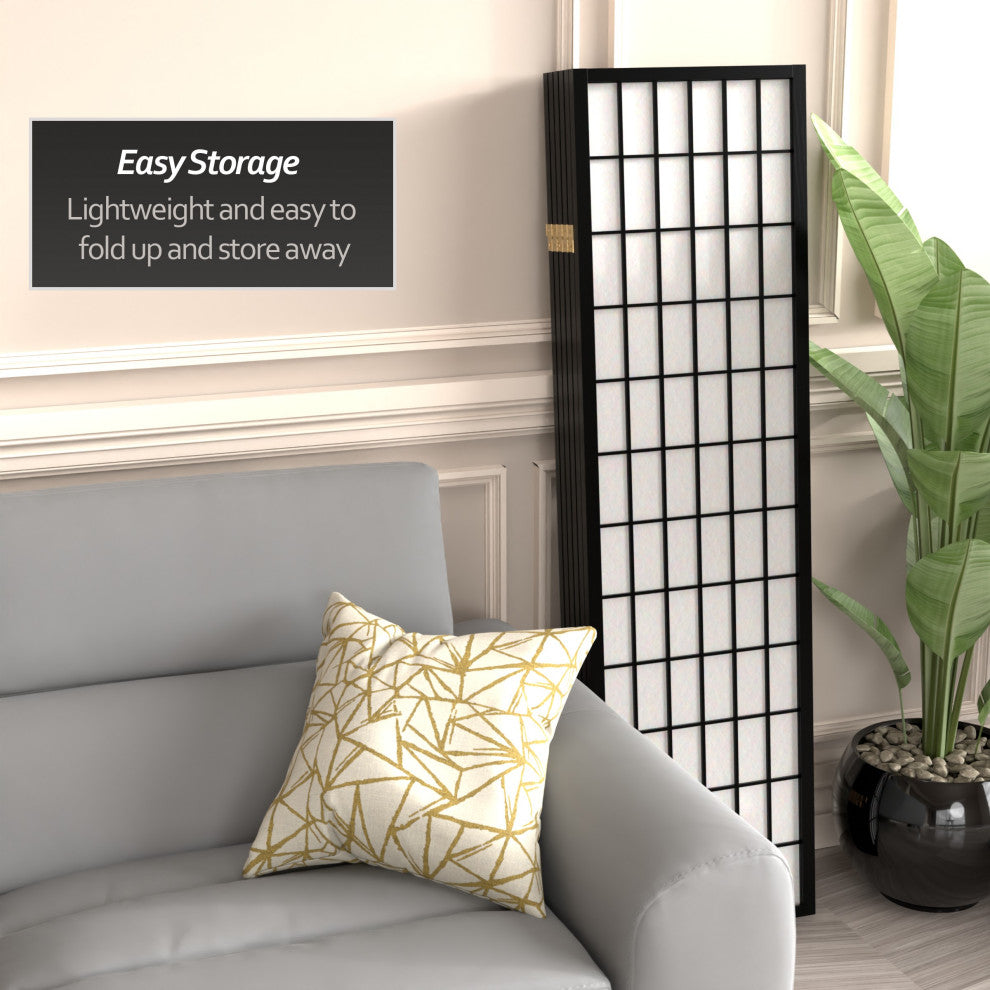 5' Tall Window Pane Shoji Screen, Black, 6 Panels