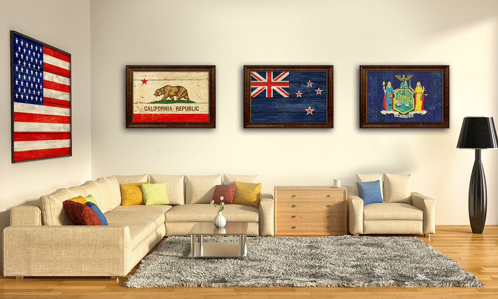 New Zealand Country Textured Flag Print With Brown Gold Frame, 23"X33"