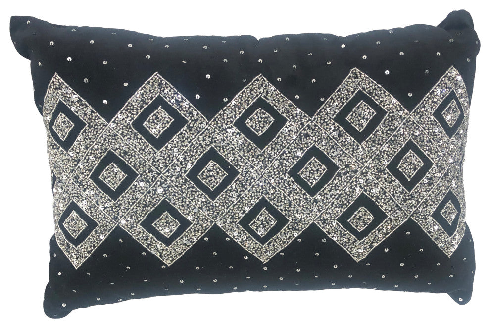 Decor Maisonette 100% Handmade Naya Lumbar Accent Throw Pillow, Black 16"x24"x4"