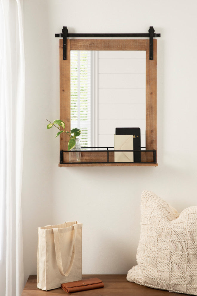 Cates Framed Wall Mirror with Shelf, Rustic Brown 24x31
