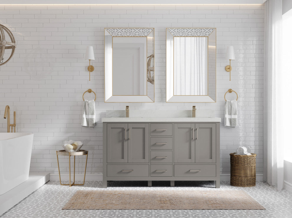 Malibu 60 Double Sink Bathroom Vanity in Elephant Skin Gray 2" Carrara Quartz