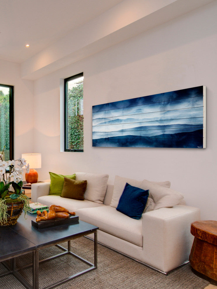 "Blue Mountains" Print on White Wood, 45"x15"
