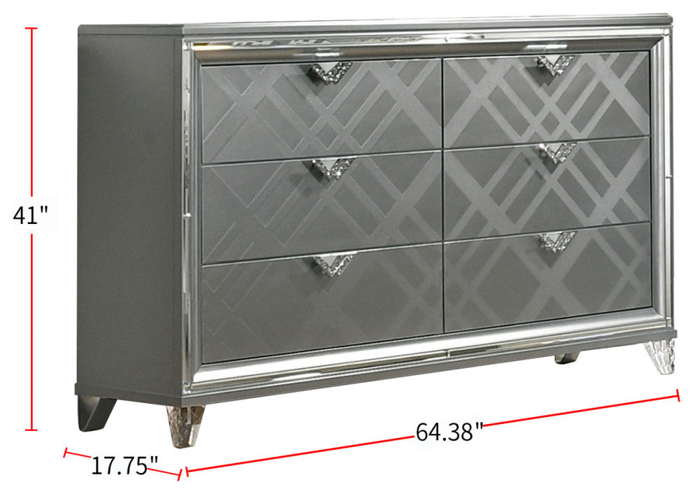 Mirror and Wood Chest with 6 Drawers, Silver