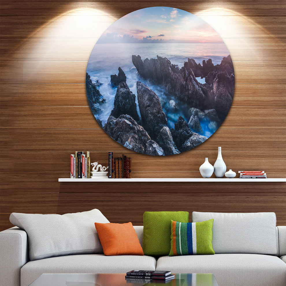 Blue Sunrise Over Coast Of Sicily, Beach Round Metal Wall Art, 11"