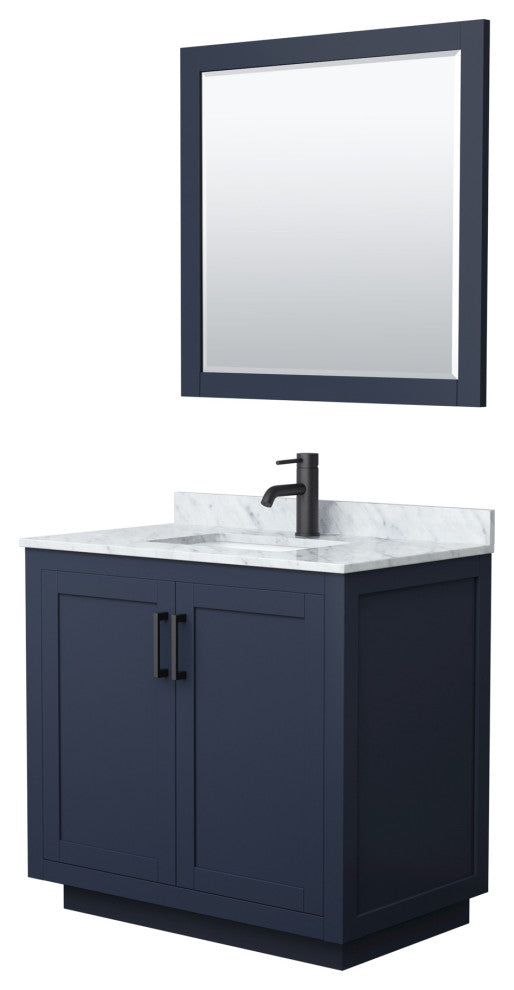 36"SGL Bathroom Vanity Dark Blue, Carrara Countertop, Sink, Black Trim,34"Mirror