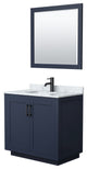 36"SGL Bathroom Vanity Dark Blue, Carrara Countertop, Sink, Black Trim,34"Mirror