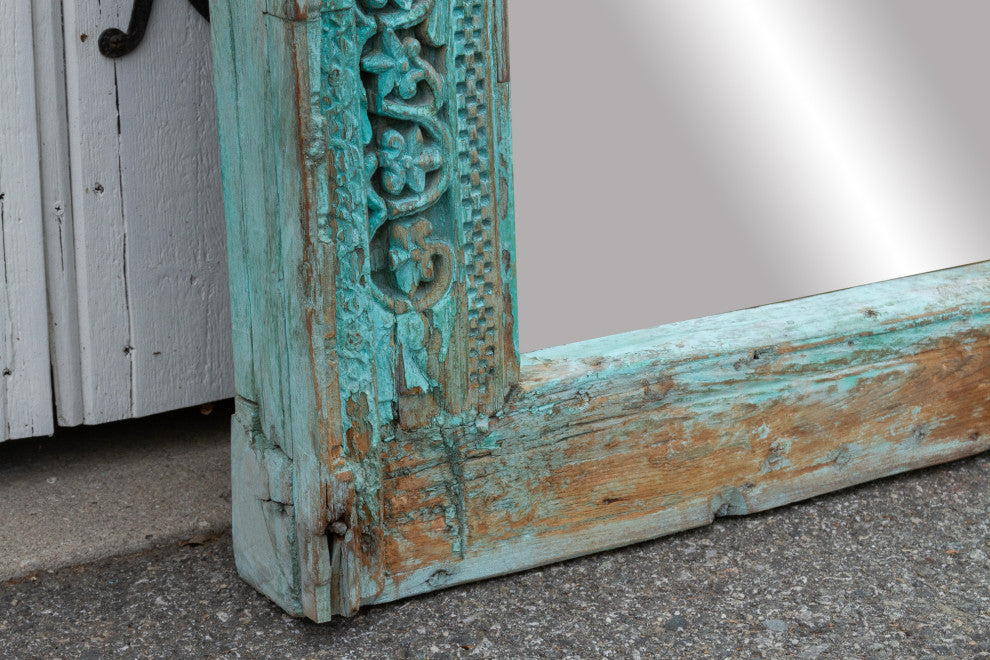 19th Century Indo-French Aqua Carved Floor Mirror