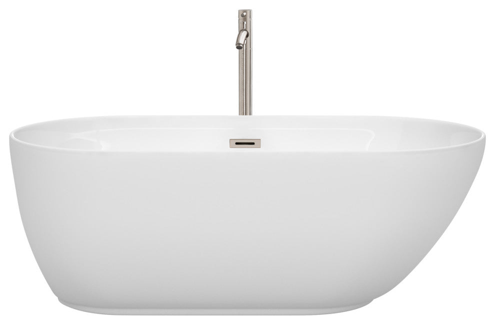 Melissa 60" Freestanding White Bathtub, Brushed Nickel Tub Filler & Trim Kit