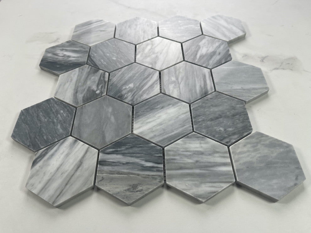 Bardiglio Gray Dark Grey Marble 3 inch Hexagon Mosaic Tile Polished, 1 sheet