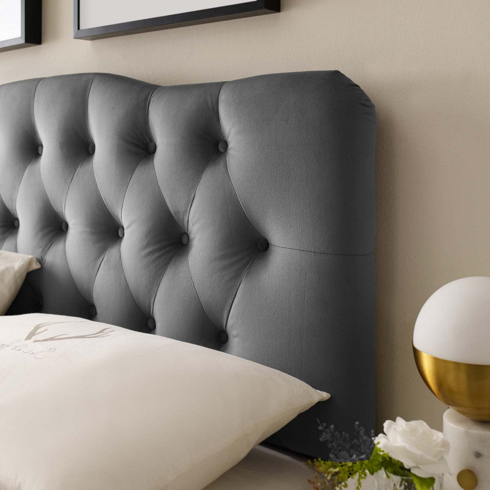 Contemporary Modern Full Size Tufted Headboard, Velvet Fabric, Grey Gray