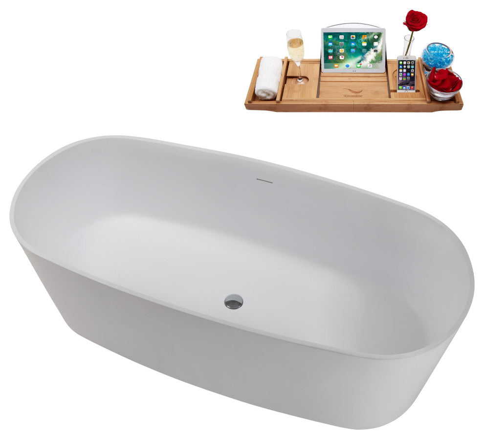 67" Streamline NS5800CH Matte White Stone Resin Bathtub, Tray With Chrome Drain
