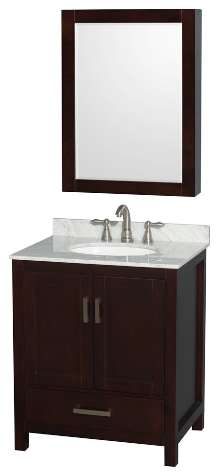 Wyndham WCS141430SESCMUNOMED Vanity with White Carrera Marble Top and Round Sin