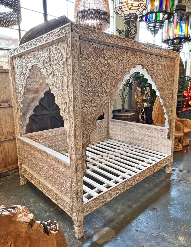 Carved White Wash Canopy Queen Daybed
