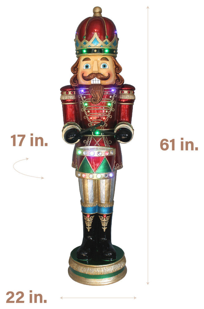 5' Nutcracker Playing Snare Drum WithMoving Hands, Music, Timer, 20 LED Lights
