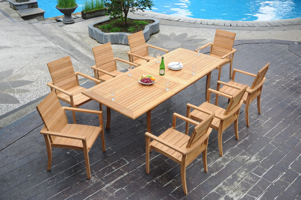 9-Piece Outdoor Teak Dining Set: 94" Rectangle Table, 8 Alps Stacking Arm Chairs