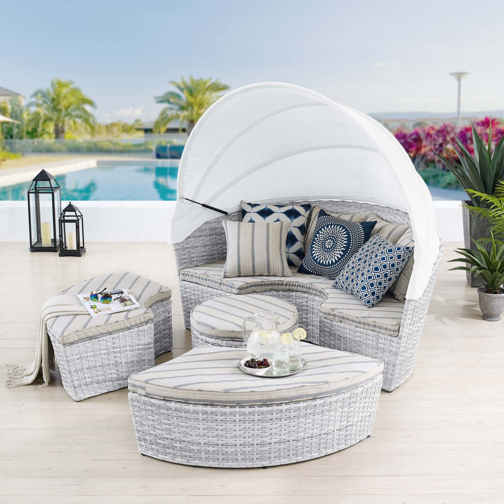 Lounge Daybed Sofa Bed, Sunbrella, Gray, Rattan, Wicker, Modern, Outdoor