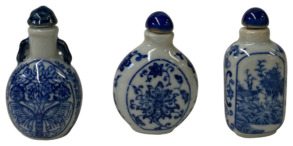 3 Piece Chinese Porcelain Snuff Bottle With Blue White Flower Graphic Hws2455