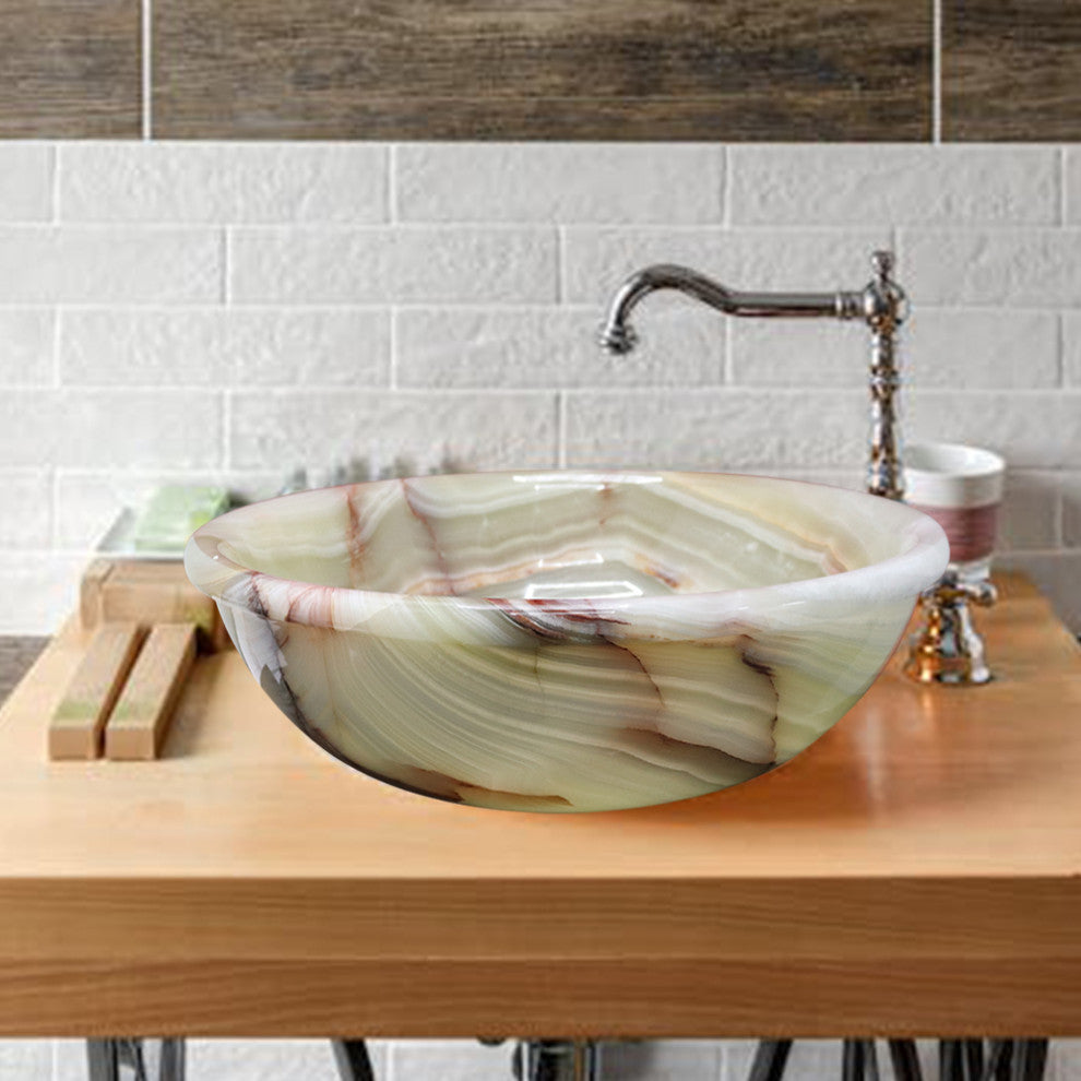 Handmade Marble Onyx Bathroom Sink, 16"�, Round Vessel Sink, Light Green/Thick Rim