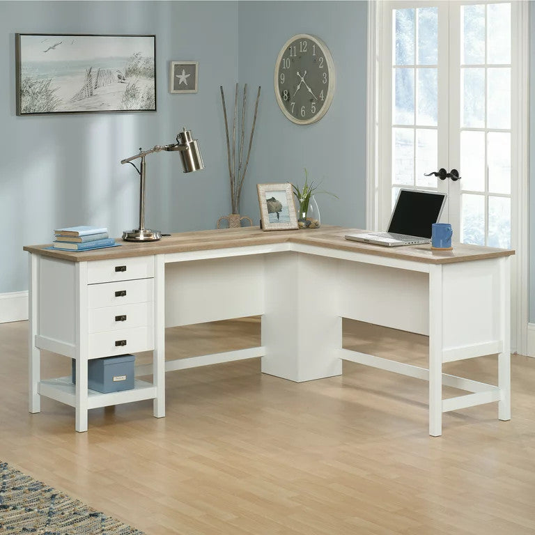Classic Desk, L-Shaped Design With Storage Drawers & Round Handles, White Oak
