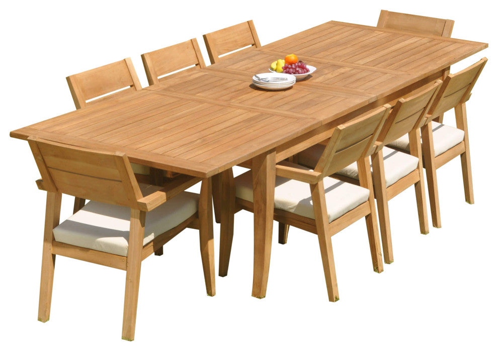 9-Piece Outdoor Teak Dining 122" X-Large Rectangle Table, 8 Celo Stacking Chairs