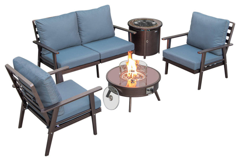 LeisureMod Walbrooke Brown Patio Sofa Set With Round Fire Pit Table, Navy Blue