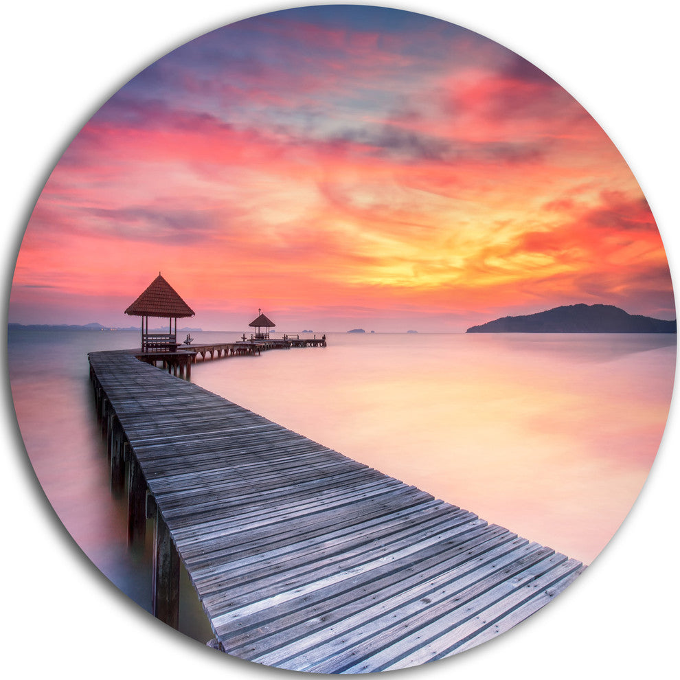 Stylish Wooden Bridge And Beach Sky, Sea Pier Disc Metal Wall Art, 23"