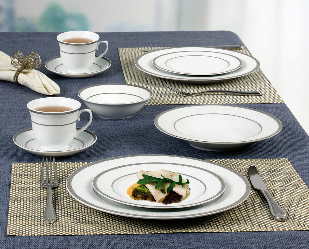 57 Piece Silver Border Porcelain Dinnerware Set-Service for 8-Ashley