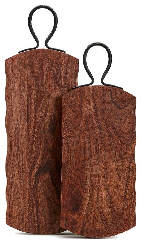 Two's Company Rustic Edge Set of 2 Charcuterie Serving Boards w/ Iron Handle