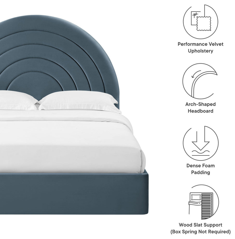 Solana Arched Performance Velvet King Platform Bed, Cadet Blue