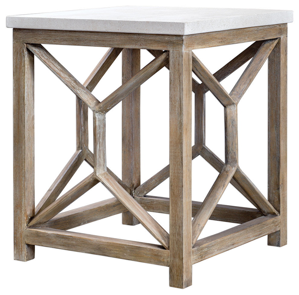 Open Light Weathered Wood Accent Table, Stone TopxNatural Minimalist Square