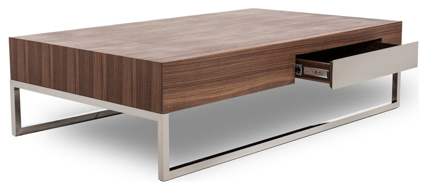 HomeRoots 13" Walnut Veneer Steel and Glass Coffee Table