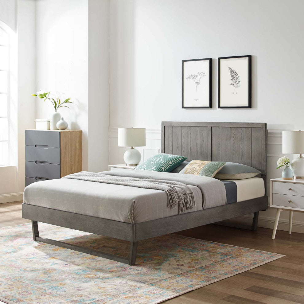 Platform Bed Frame, King Size, Wood, Gray, Modern Mid-Century, Bedroom
