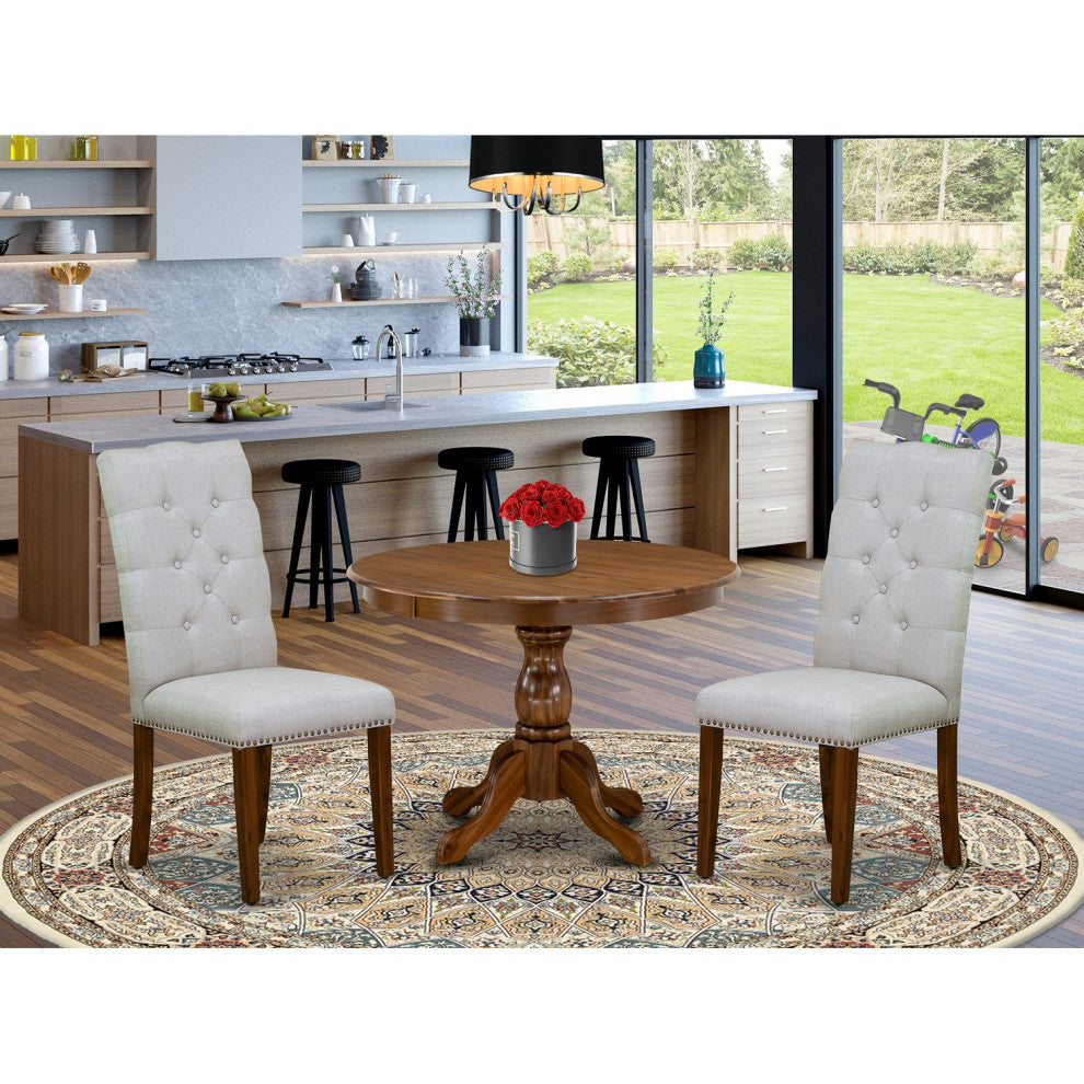 3 Pc Dining Set, Acacia Walnut Small Table, 2 Grey Chairs, Acacia Walnut Finish
