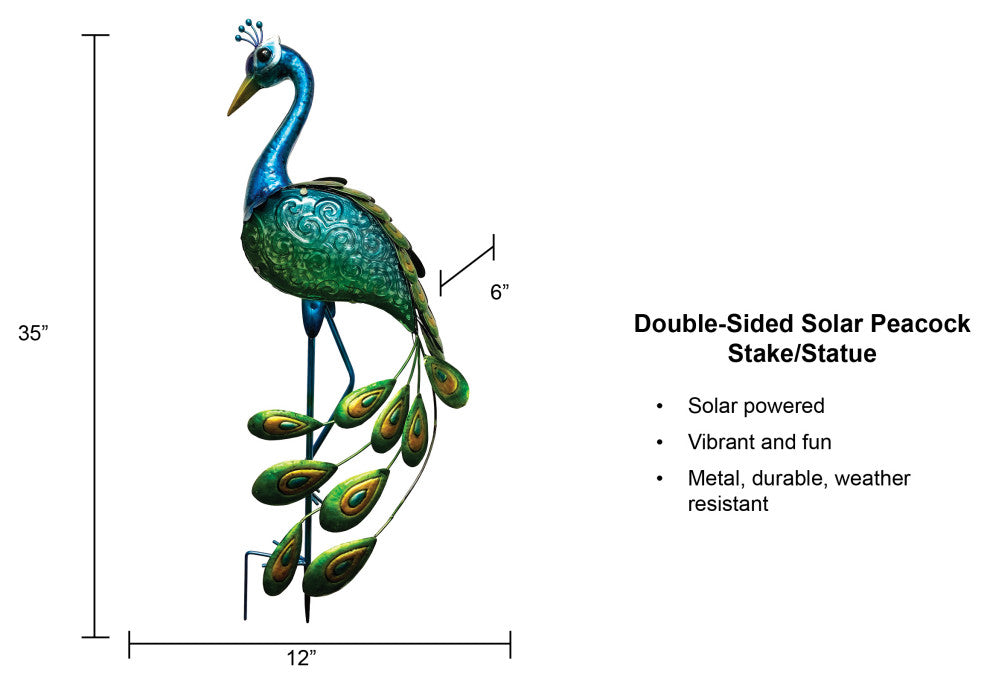 Double Sided Glass and Metal Solar Peacock Outdoor Garden Stake