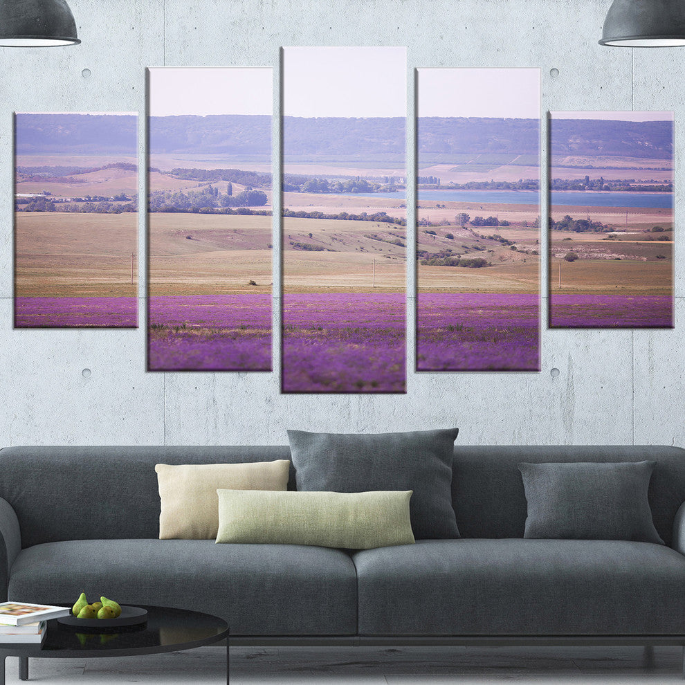 Calm Sunset over Lavender Field, Floral Canvas Art Print, 60"x32", 5 Panels
