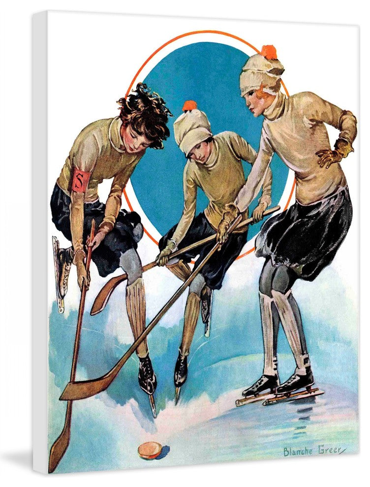 "Girls Playing Ice Hockey" Painting Print on Canvas by Blanche Greer