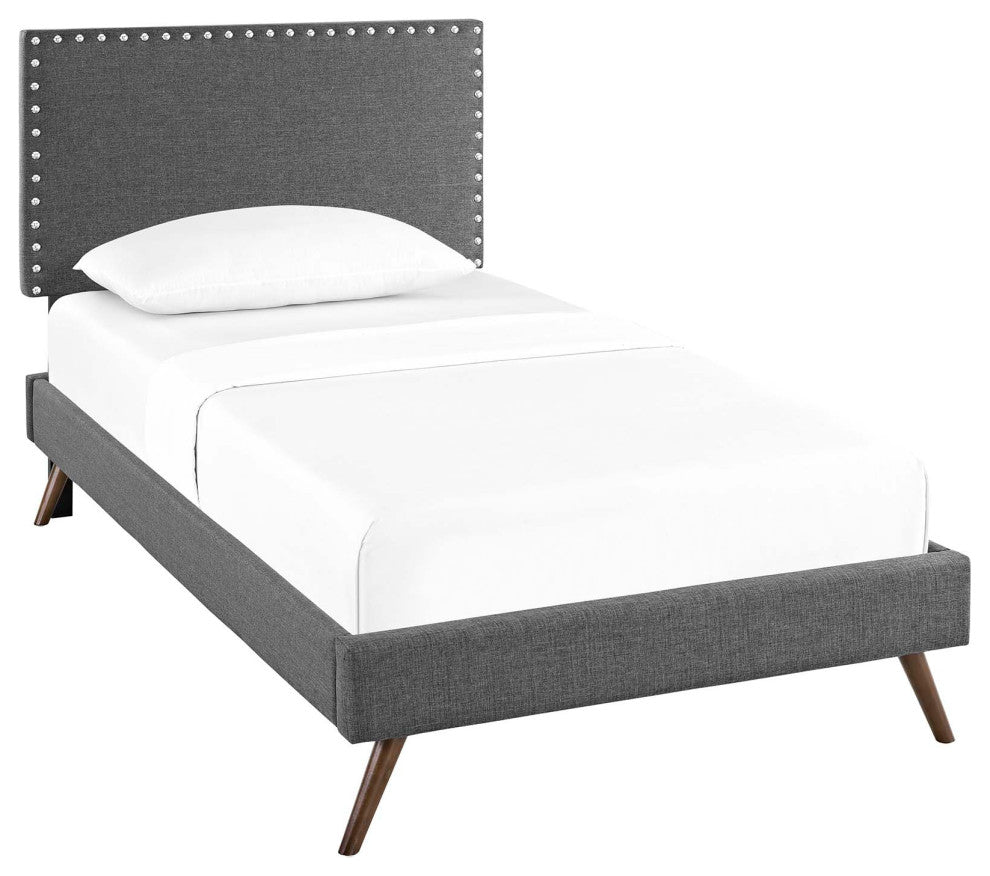 Macie Twin Upholstered Fabric Platform Bed With Round Splayed Legs, Gray