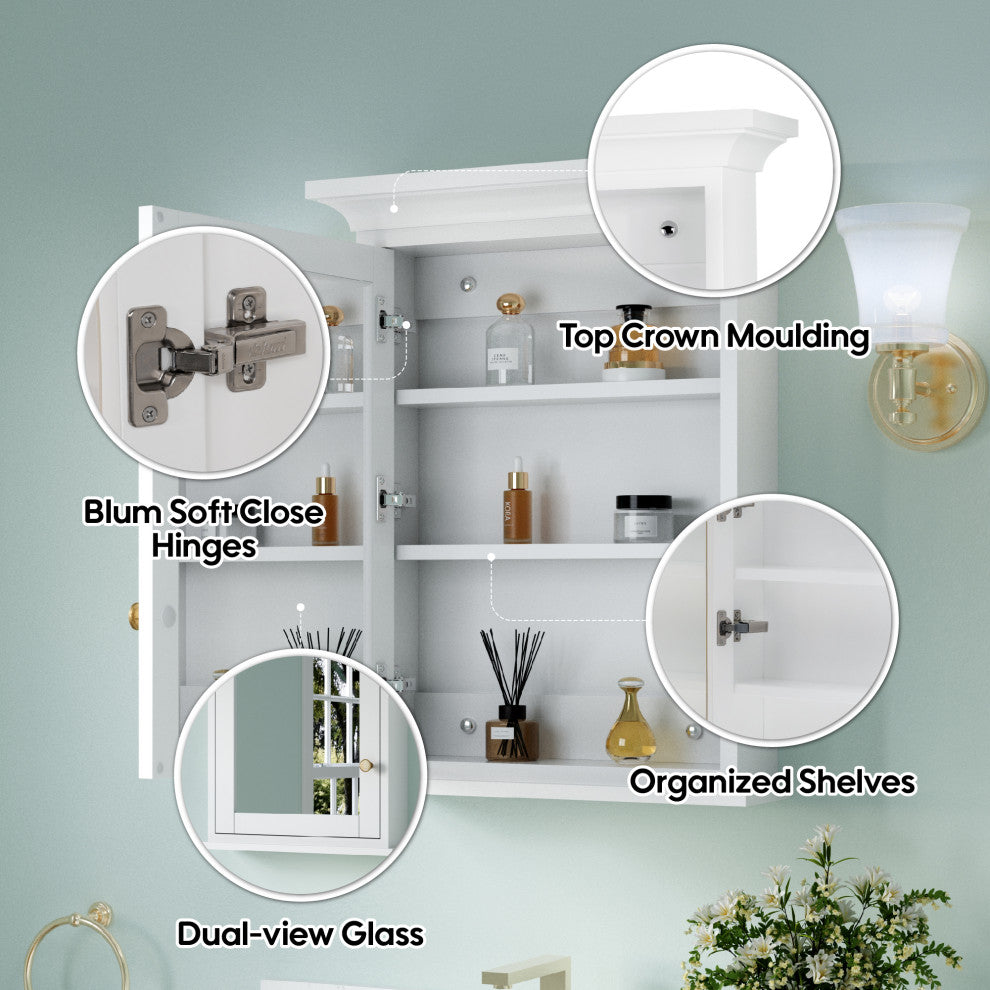 Handmade Solid Wood Medicine Cabinet with Ample Storage Space in White, 24"x30"