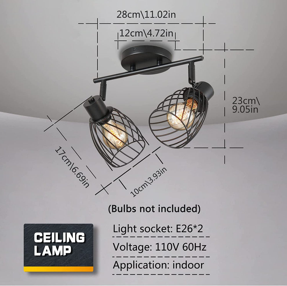 2 Light Semi Flush Mount, Farmhouse, Vintage, Cage, Black